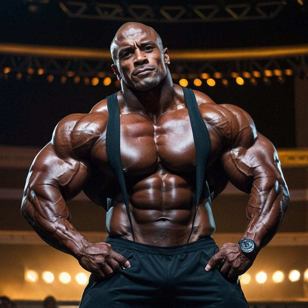 Huge bodybuilder posing only in a pair of pants with suspenders showcasing his large and well proportioned muscles.