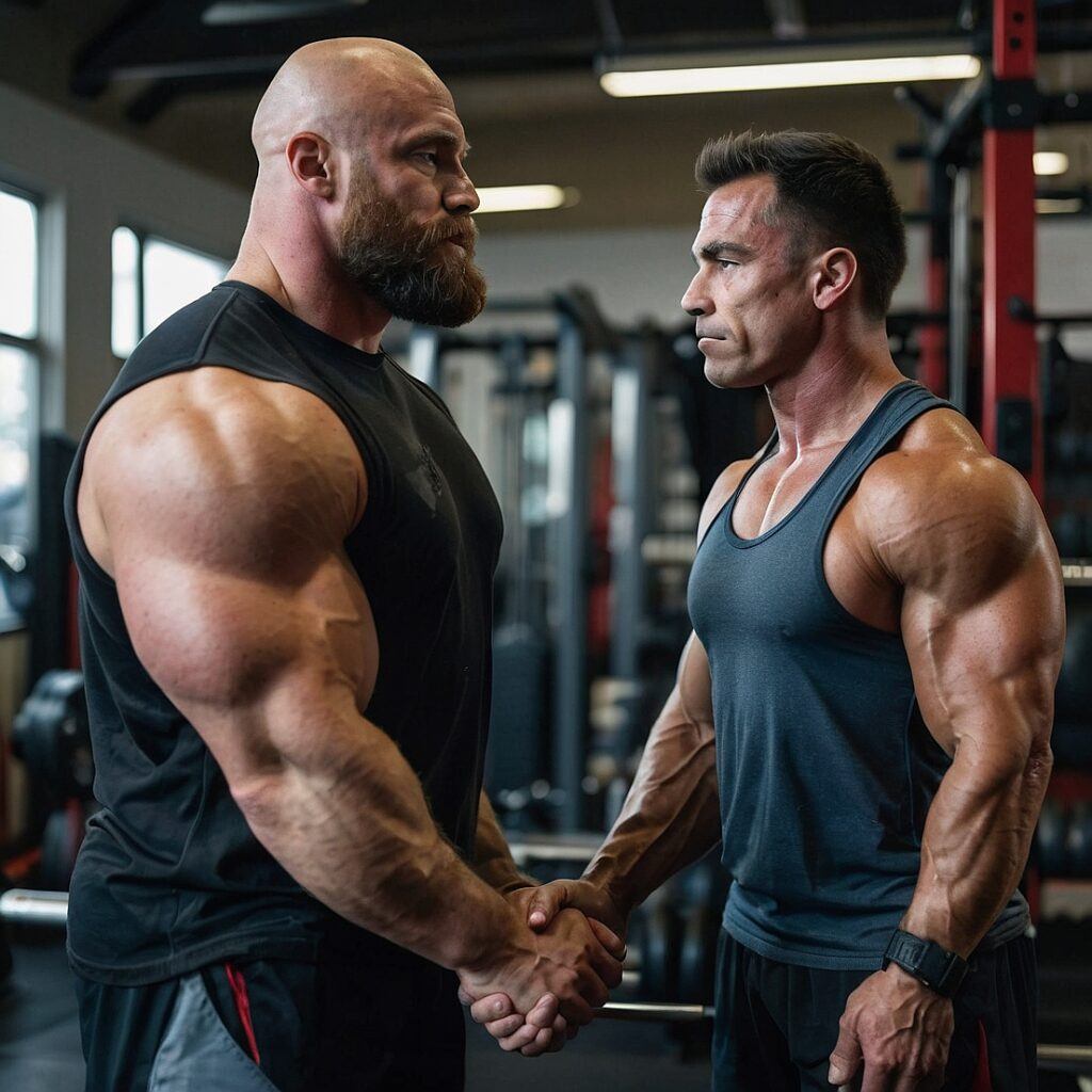 Powerlifter shaking hands with bodybuilder. Powerlifter is noticeably larger than the bodybuilder.