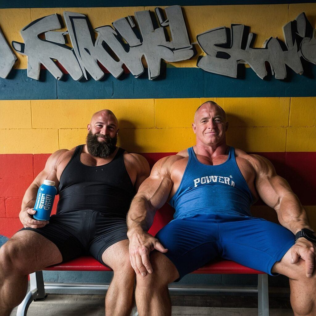 A powerlifter and a bodybuilder chilling out together.