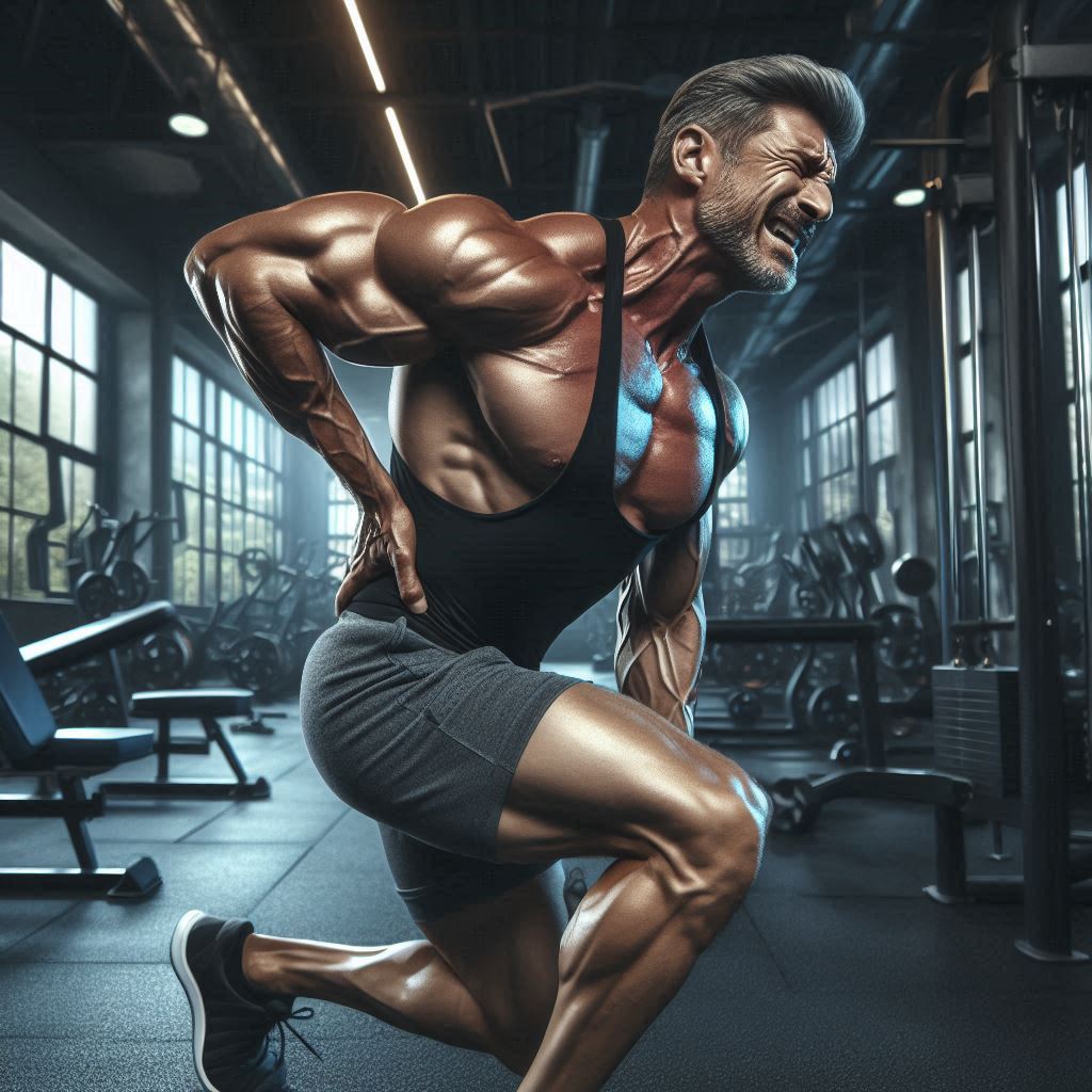 Middle aged bodybuilder kneeling over holding lower back in pain.