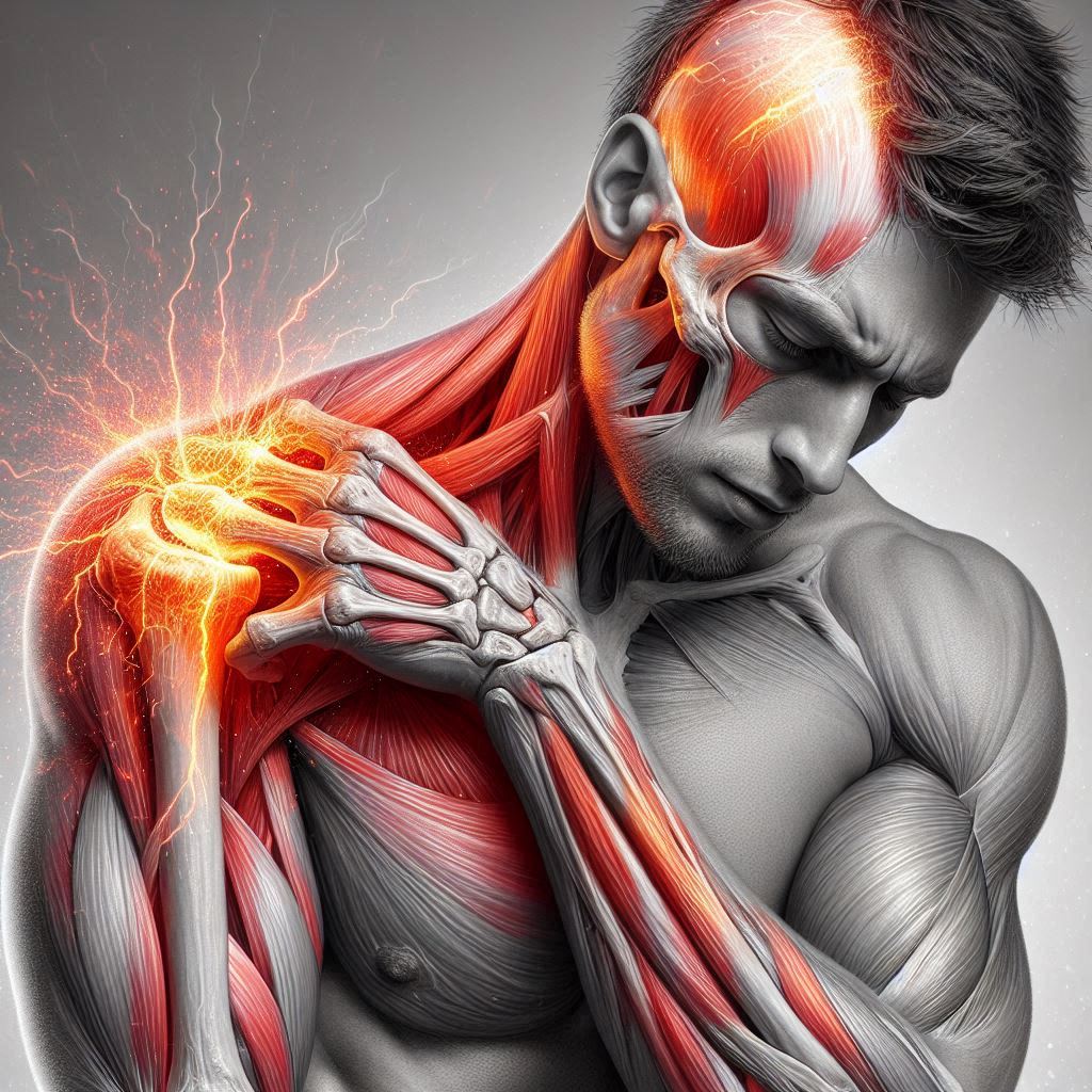 Muscular man holding his shoulder in pain