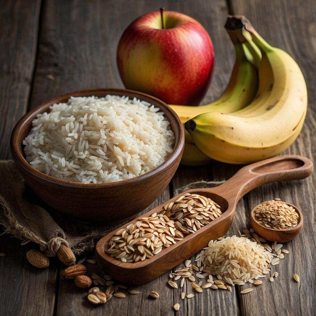 Carbohydrate rich foods. Banana, an apple and a bowl of rice arranged on a brown table.