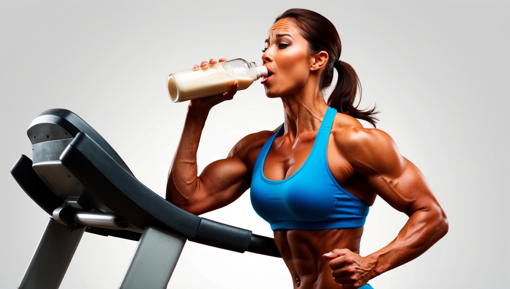 Beautiful female bodybuilder struggling to drink her protein shake while running on the treadmill