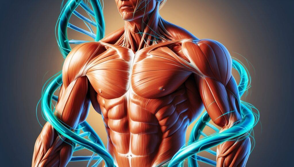 DNA coiled around a well muscled anatomy chart looking dude.