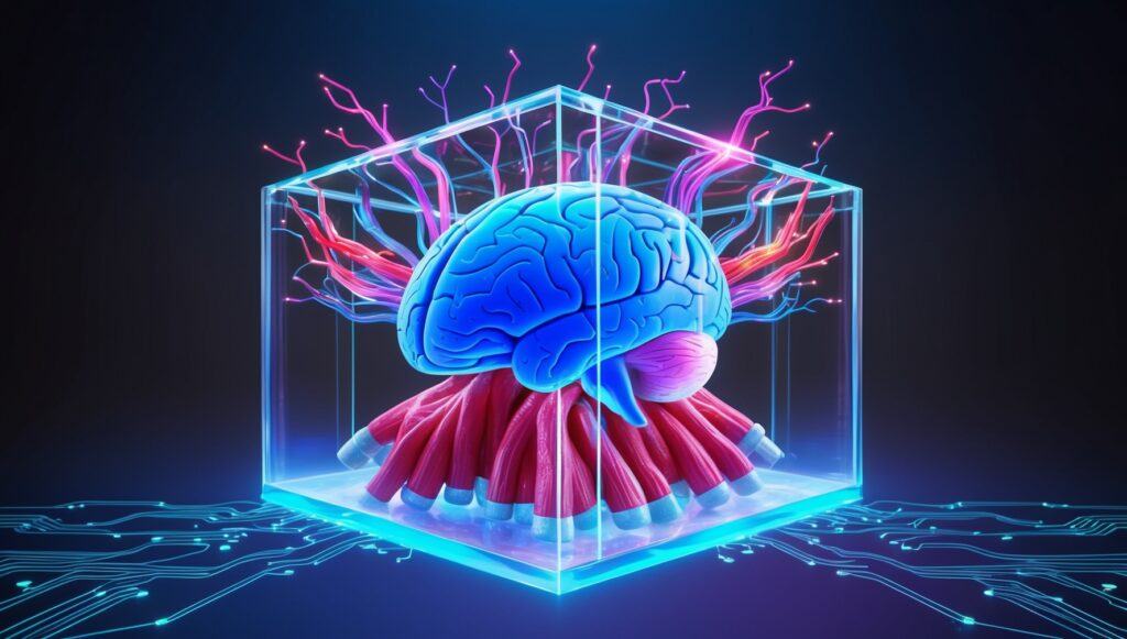 A brain in a cube over muscle tissue with electrical activity to represent neuromuscular efficiency