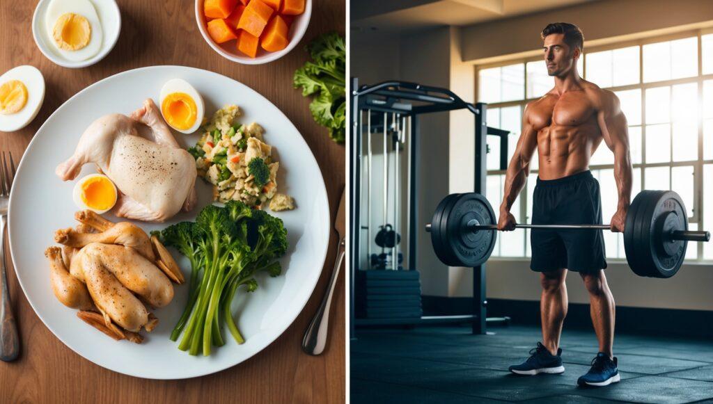 A picture of a plate of healthy food with another picture of an athletic man lifting weights.