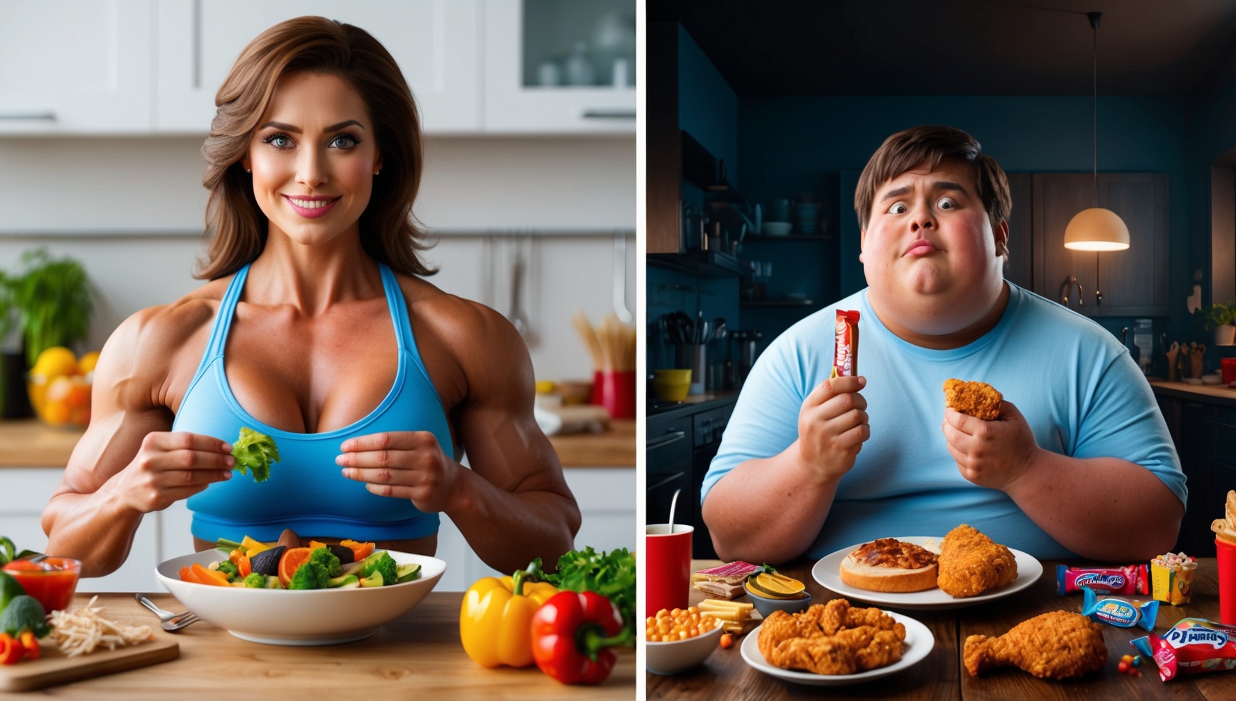 A split-screen image: on the left, a satisfied woman finishes a healthy meal in a bright kitchen; on the right, a dissatisfied man eats junk food in a dim, cluttered room