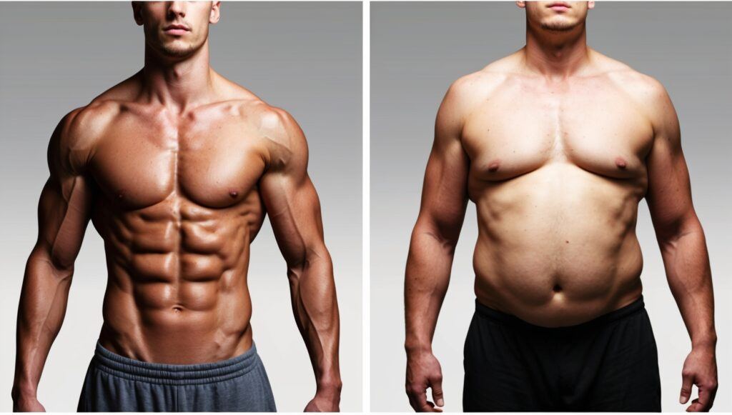 Muscular man standing next to a man of about the same size but fat contrasting their physiques