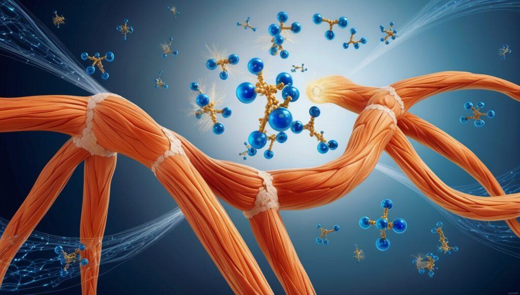 Illustration of steroid molecules interacting with muscle tissue