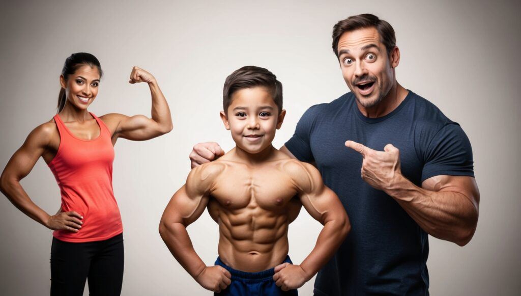Proud dad with his kid with superhuman looks with the mother in the background with the genetics responsible for it.