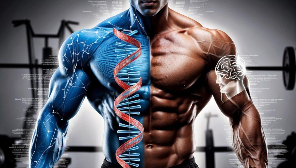 An artistic depiction of a muscular figure split into two halves: one side displaying detailed muscular anatomy and DNA strands, representing physical strength, while the other side features a brain and neural pathways, symbolizing the mental traits essential for success in bodybuilding.