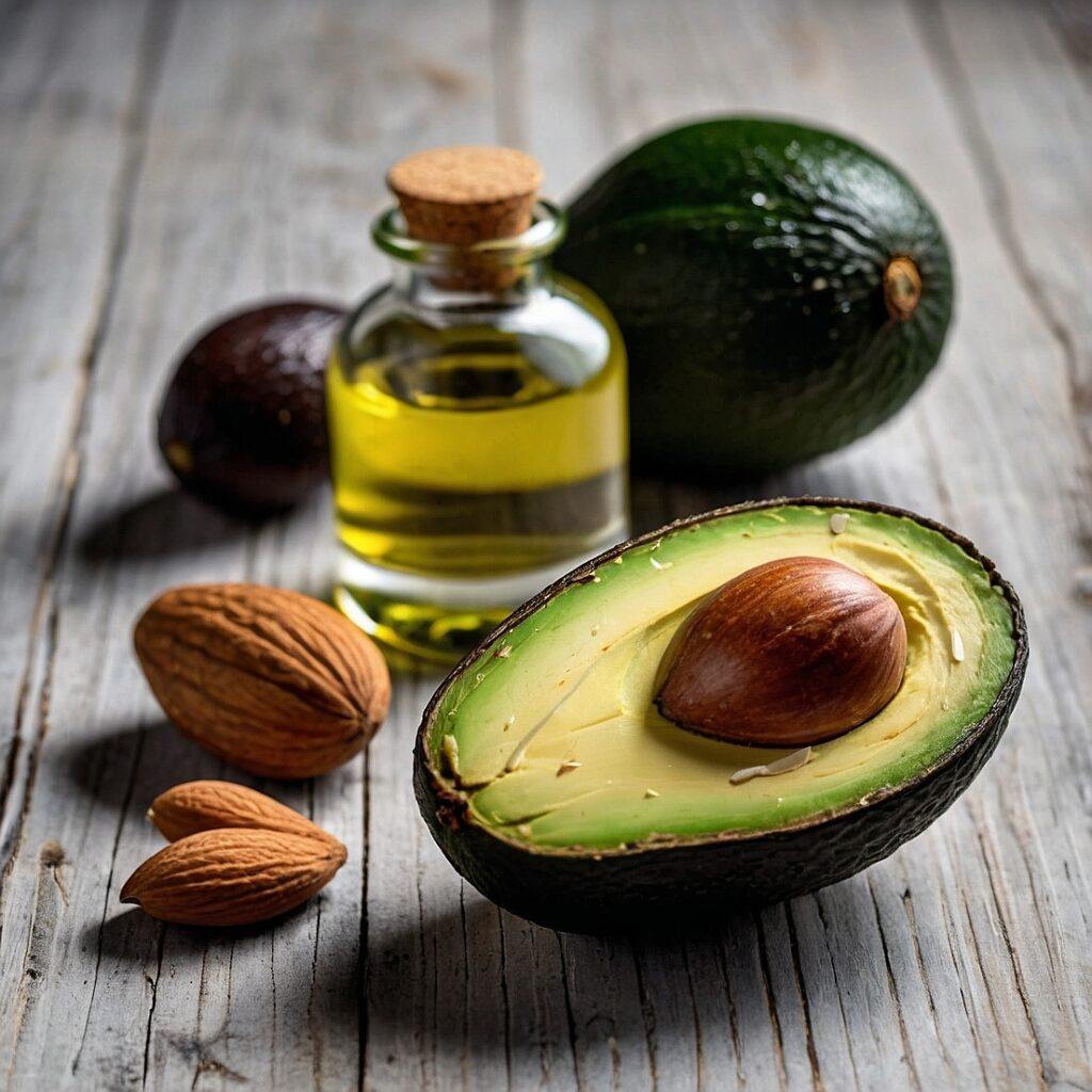 Food high in fats. Avocado, oil and nuts shown