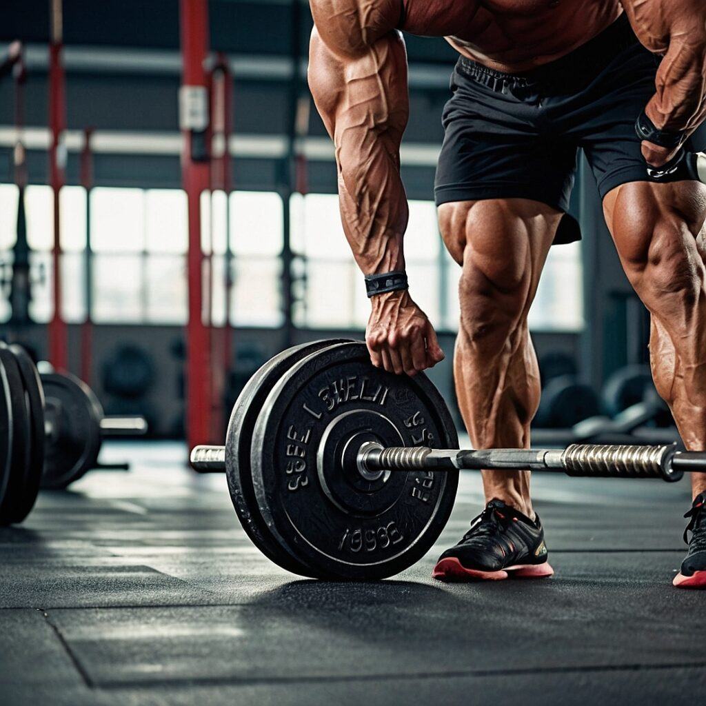 Bodybuilder adjusting weights on the deadlift barbell.