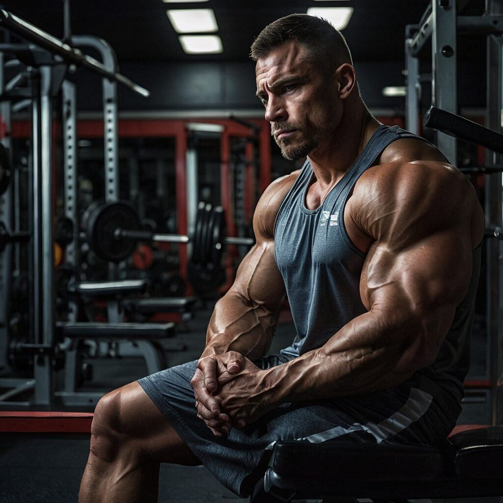 Male bodybuilder looking introspective