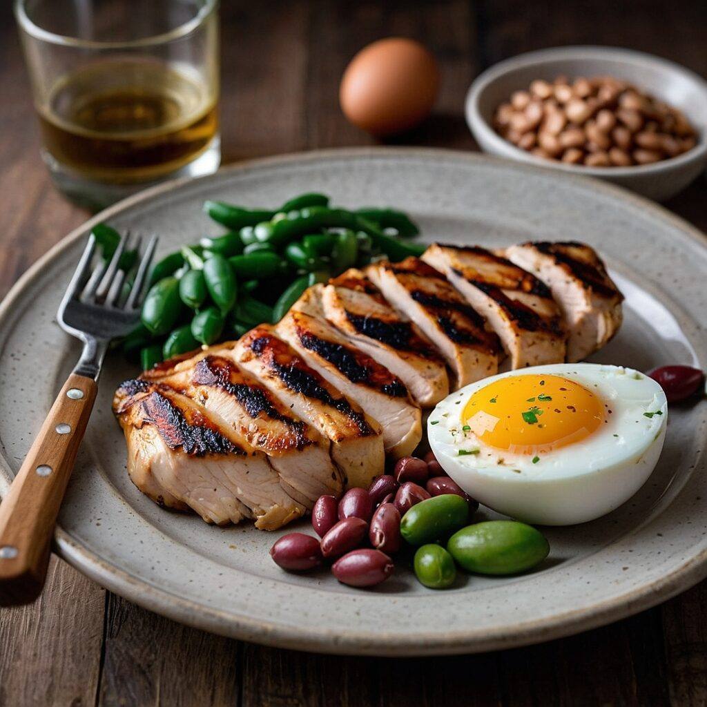 High protein foods. A chicken breast, eggs and beans arranged attractively on a plate.