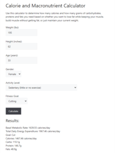 Screenshot of the calorie and macronutrient calculator on drdavidgainz.com