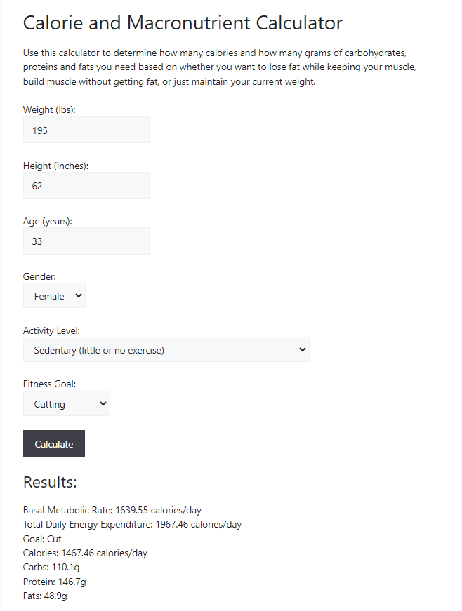 Screenshot of the calorie and macronutrient calculator on drdavidgainz.com