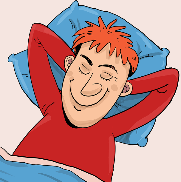 A cartoon image of a man sleeping with his head on pillow smiling 