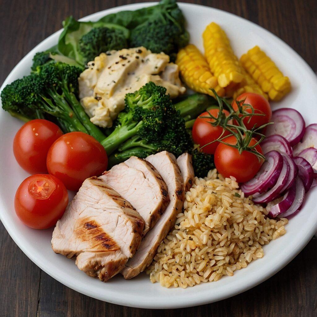 Plate showing ideal proportions of macronutrients. Some lean meat, a lot of vegetables and a moderate amount of rice.