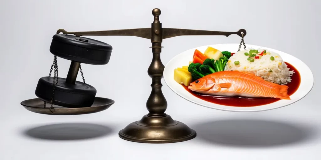 An old school scale with a dumbell on one side and a healthy plate of food on the other