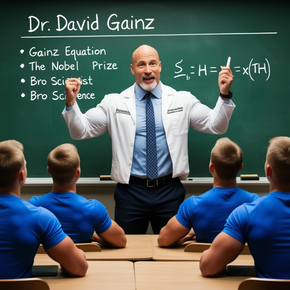 Dr David Gainz lecturing about the Gainz Equation. He is standing in front of a chalkboard lecturing bodybuilders