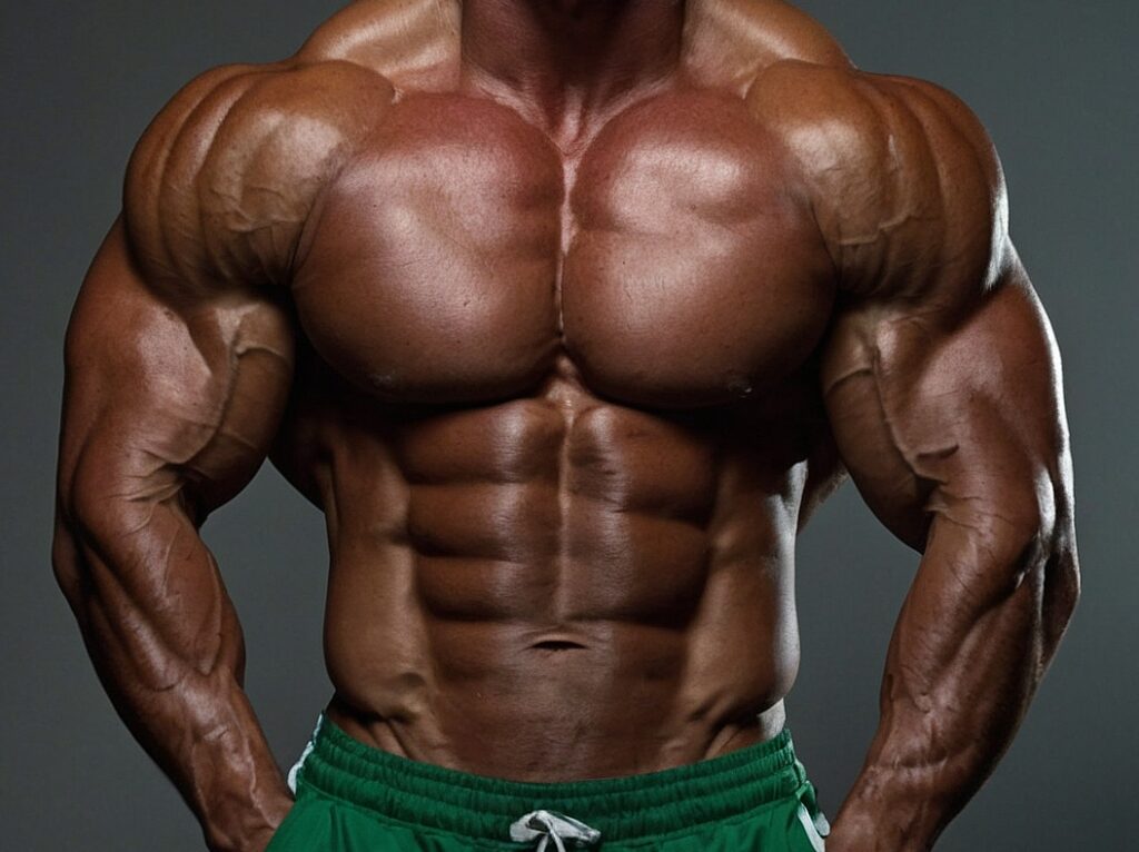 Ripped physique. Man in green shorts with very muscular and defined physique