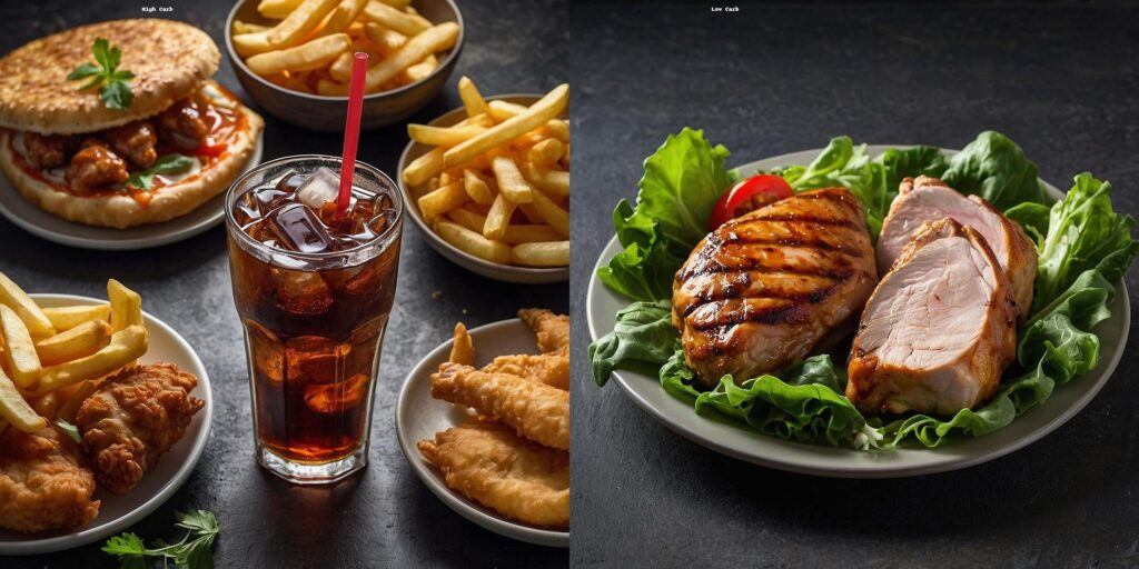 High carb vs low carb food. Food high in carbs on the left including fried chicken, sugary soda and french fries. Image on the right of low carb food including lean chicken breast and green leafy vegetables.