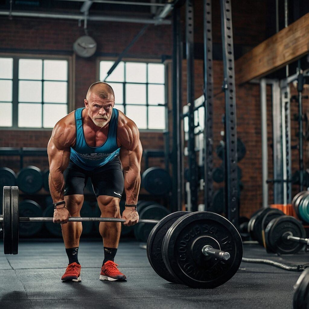 Middle aged heavily muscled man warming up on the deadlift.